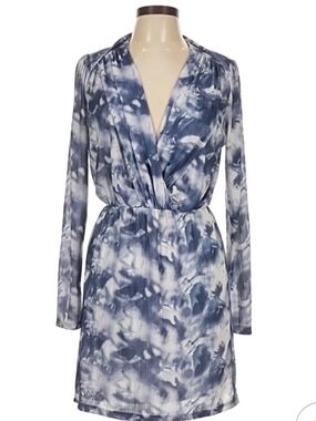 Blue Tie-Dye Wrap Long-Sleeve Dress